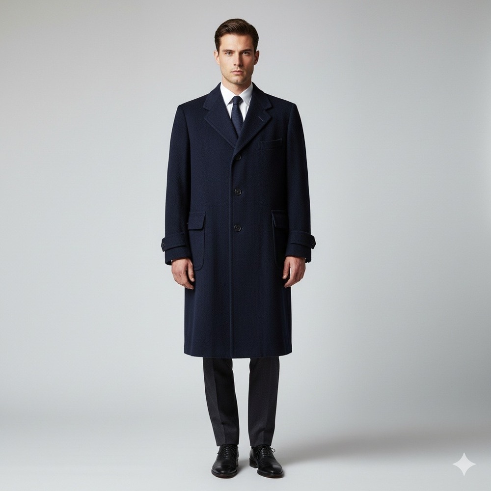 VINTAGE 60s Navy Overcoat CASHMERE Lambs Wool UNION MADE USA McKELVEY'S Size‎ L